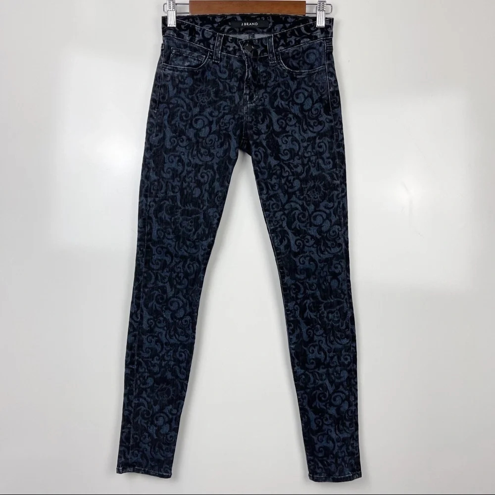 J Brand Brocade Skinny Leg Jeans Size 24 Black Blue Damask Velvet